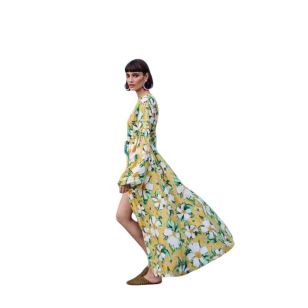 Sigal Lotus Floral Print Long Puffed Sleeves Maxi Dress Yellow Women's Size S